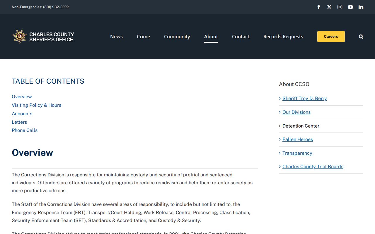 Charles County Detention Center page without a released inmate feed