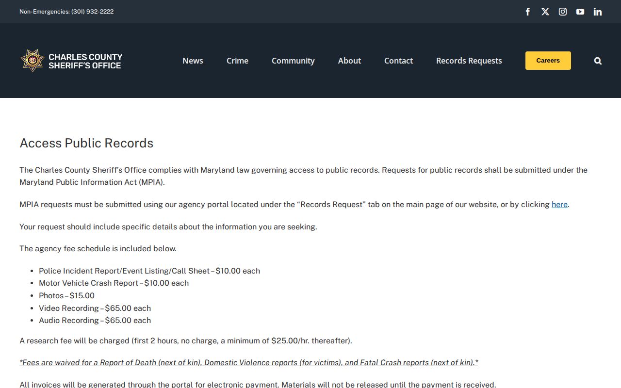Charles County release records portal and booking photo fee
