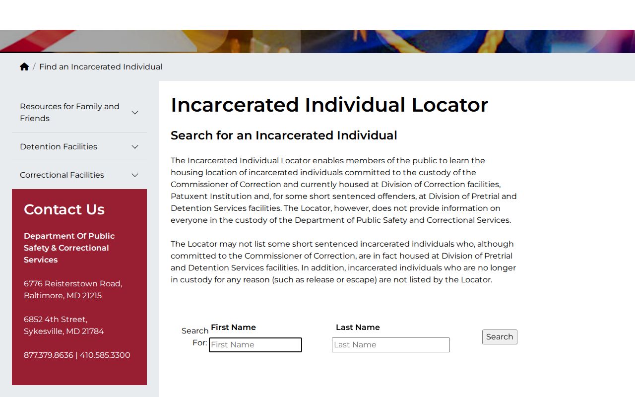 Maryland DOC current custody search used for Charles County release checks